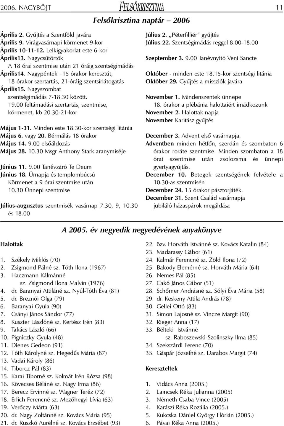 30 között. 19.00 feltámadási szertartás, szentmise, körmenet, kb 20.30-21-kor Május 1-31. Minden este 18.30-kor szentségi litánia Május 6. vagy 20. Bérmálás 18 órakor Május 14. 9.