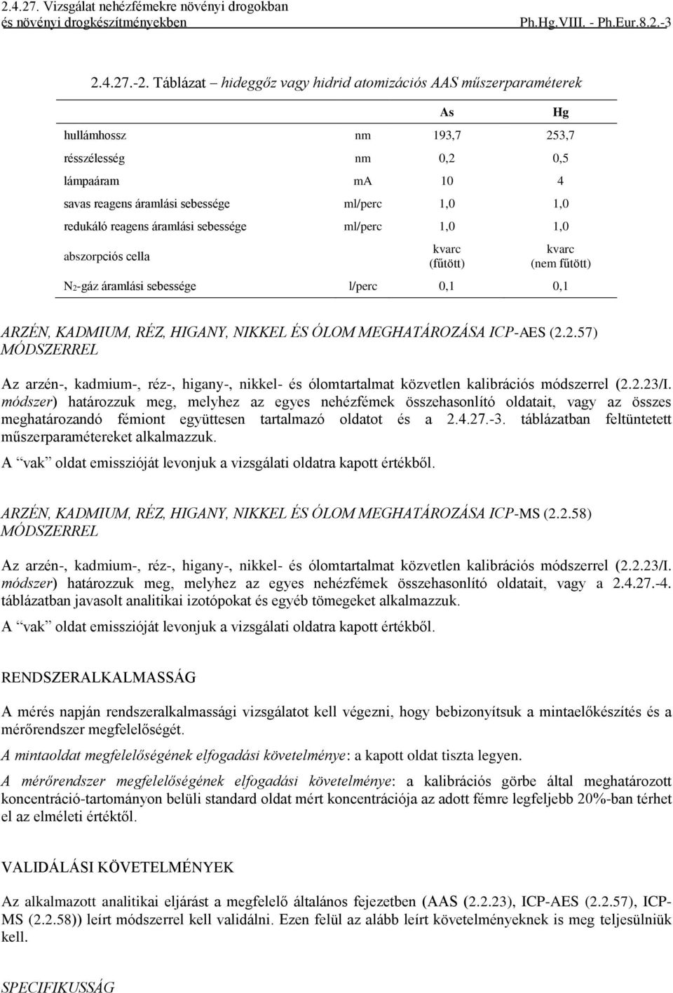 áramlási sebessége ml/perc 1,0 1,0 abszorpciós cella As kvarc (fűtött) Hg kvarc (nem fűtött) N2-gáz áramlási sebessége l/perc 0,1 0,1 ARZÉN, KADMIUM, RÉZ, HIGANY, NIKKEL ÉS ÓLOM MEGHATÁROZÁSA ICP-AES