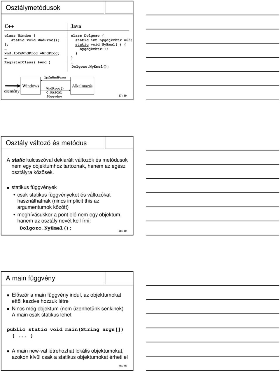 NyEmel(); lpfnwndproc esemény Windows WndProc() C,PASCAL függvény Alkalmazás 37 / 59 Osztály változó és metódus A static kulcsszóval deklarált változók és metódusok nem egy objektumhoz tartoznak,