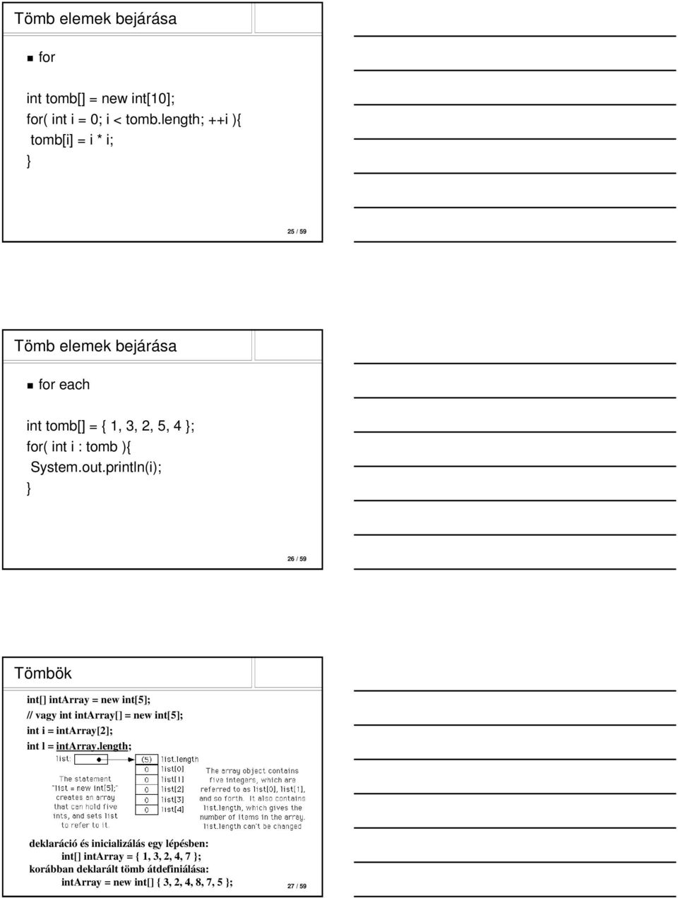 out.println(i); 26 / 59 Tömbök int[] intarray = new int[5]; // vagy int intarray[] = new int[5]; int i = intarray[2]; int l =