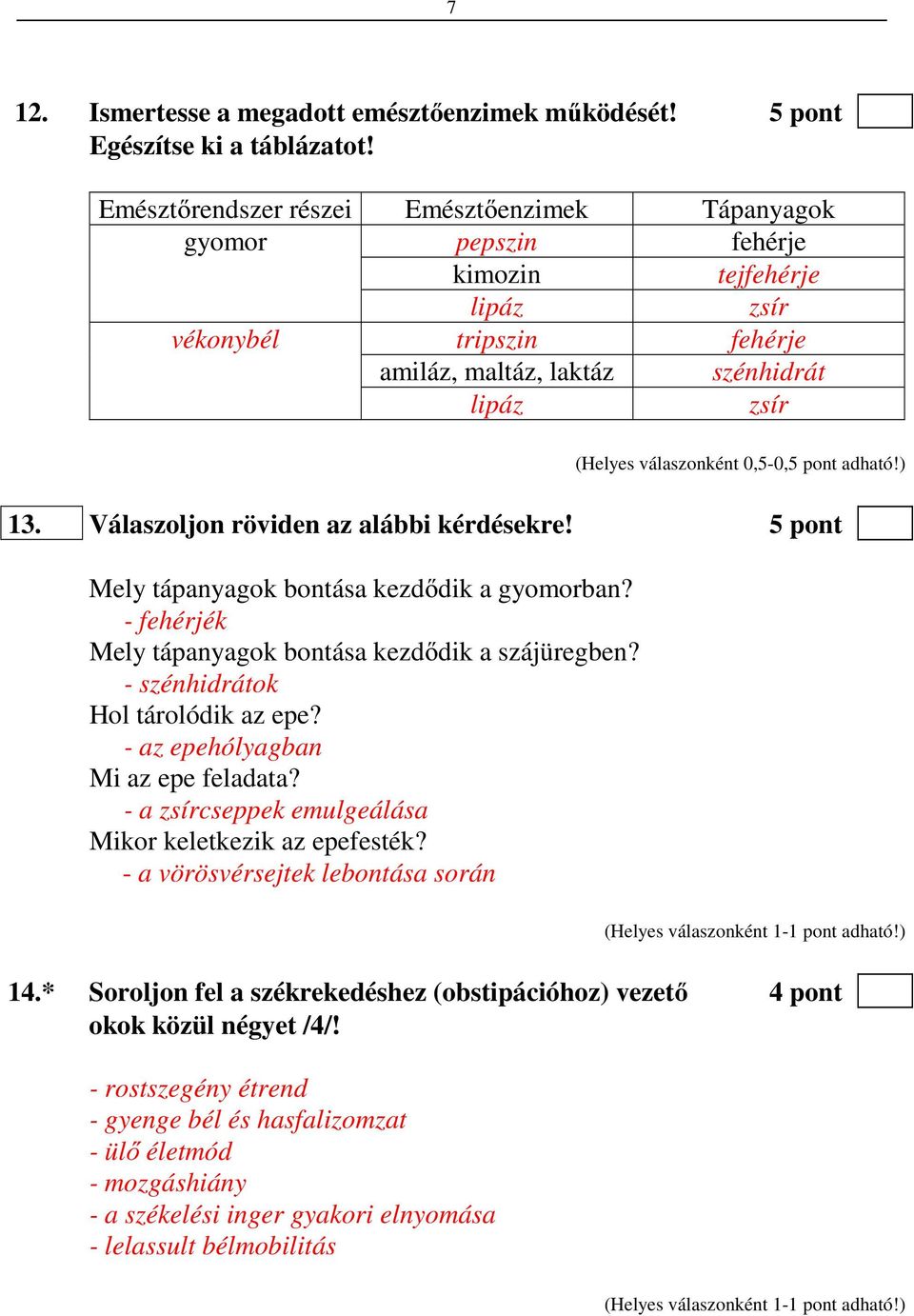 0,5-0,5 pont adható!) 13. Válaszoljon röviden az alábbi kérdésekre! 5 pont Mely tápanyagok bontása kezdődik a gyomorban? - fehérjék Mely tápanyagok bontása kezdődik a szájüregben?