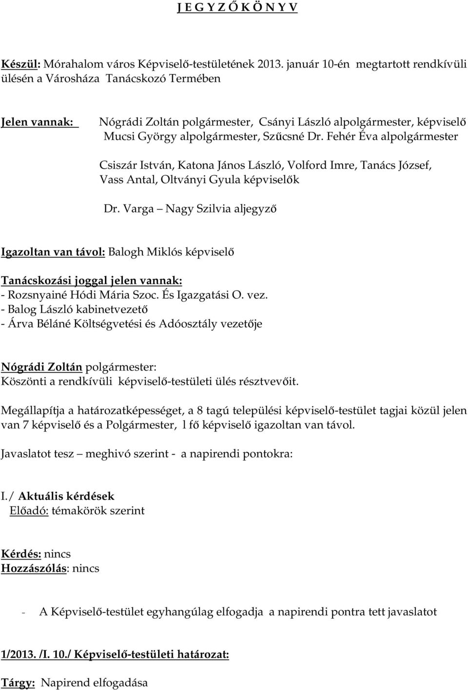 Fehér Éva alpolgármester Csiszár István, Katona János László, Volford Imre, Tanács József, Vass Antal, Oltványi Gyula képviselők Dr.