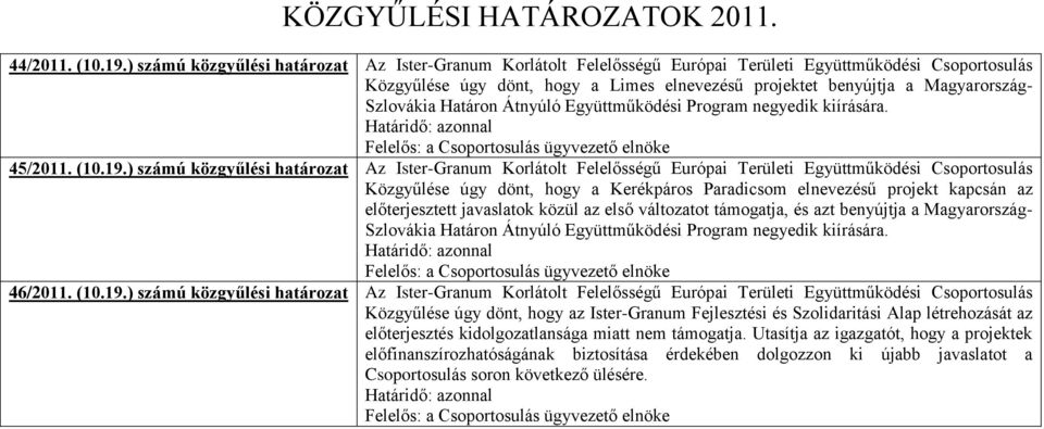 Szlovákia Határon Átnyúló Együttműködési Program negyedik kiírására. 45/2011. (10.19.