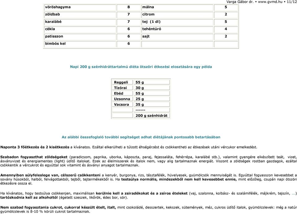 példa Reggeli Tízórai Ebéd Uzsonna Vacsora 55 g 30 g 55 g 25 g 35 g ------ 200 g szénhidrát Az alábbi összefoglaló további segítséget adhat diétájának pontosabb betartásában Naponta 3 főétkezés és 2