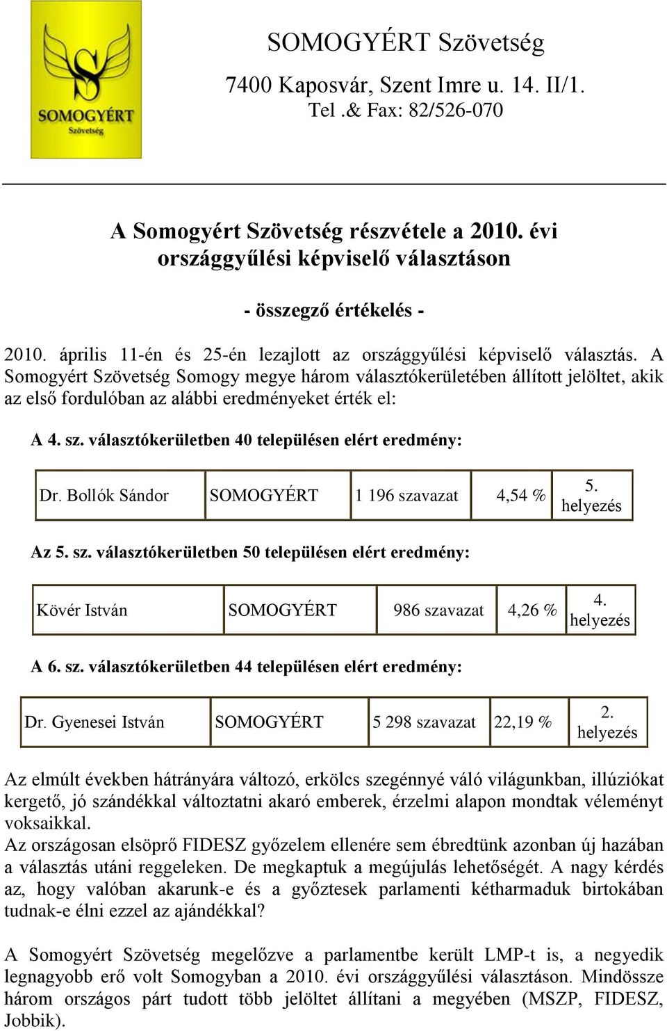 A Somogyért Szövetség Somogy megye három választókerületében állított jelöltet, akik az első fordulóban az alábbi eredményeket érték el: A 4. sz. választókerületben 40 településen elért eredmény: Dr.