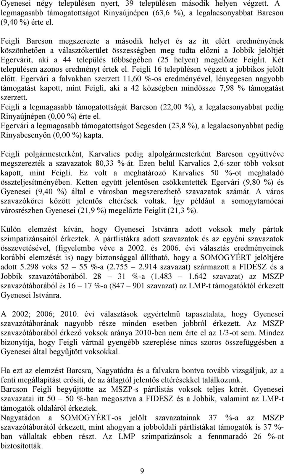 helyen) megelőzte Feiglit. Két településen azonos eredményt értek el. Feigli 16 településen végzett a jobbikos jelölt előtt.