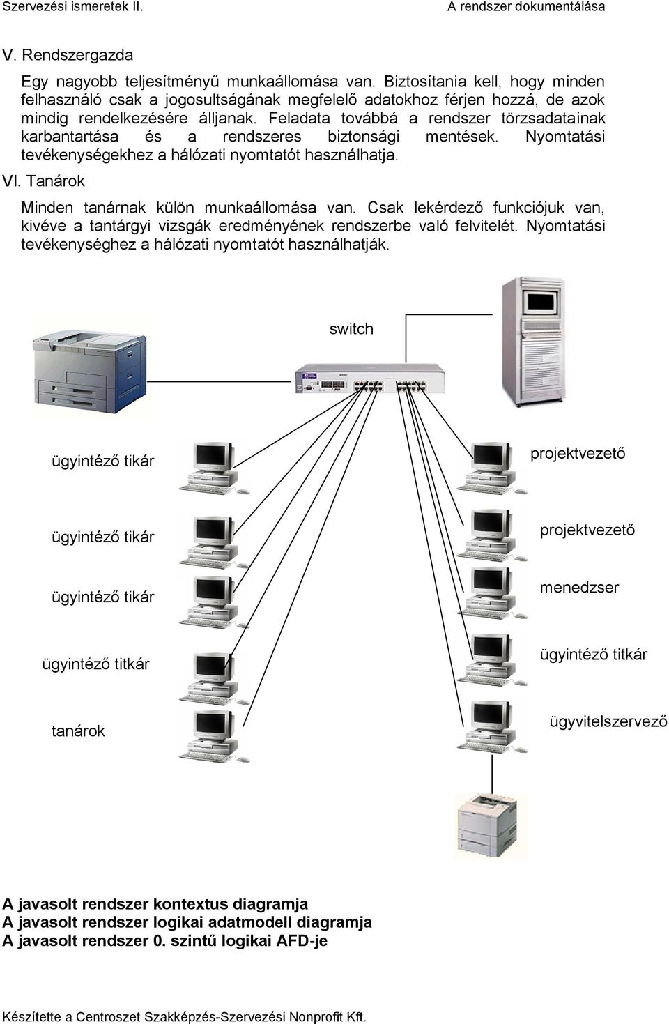 Feladata továbbá a rendszer törzsadatainak karbantartása és a rendszeres biztonsági mentések. Nyomtatási tevékenységekhez a hálózati nyomtatót használhatja. VI.