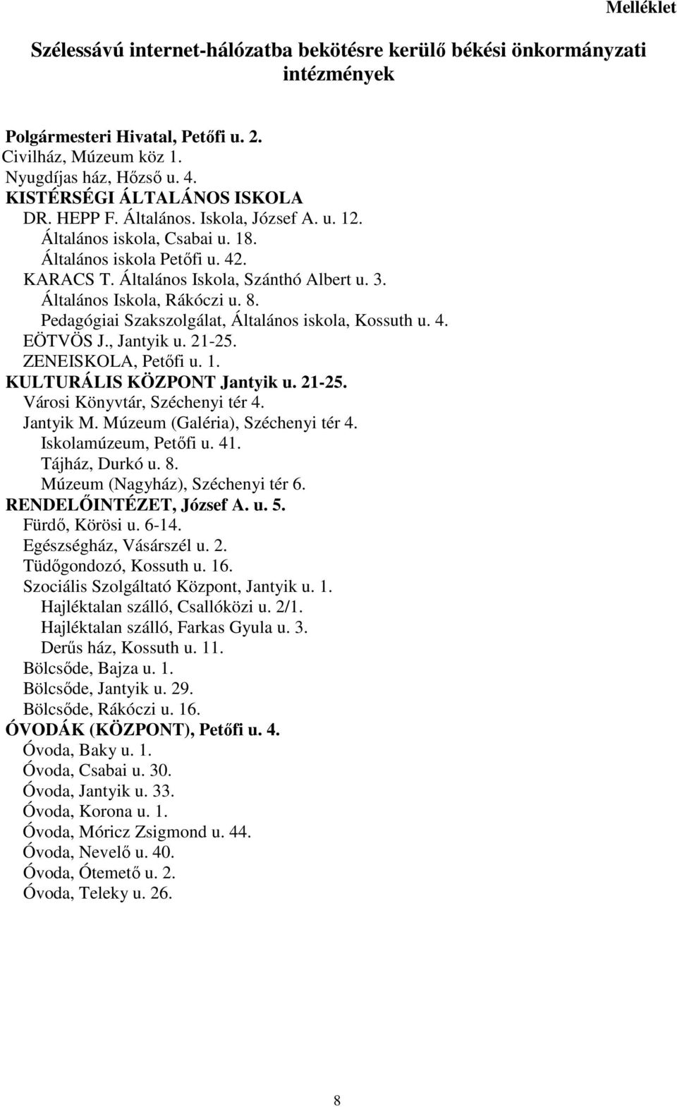 Általános Iskola, Rákóczi u. 8. Pedagógiai Szakszolgálat, Általános iskola, Kossuth u. 4. EÖTVÖS J., Jantyik u. 21-25. ZENEISKOLA, Petıfi u. 1. KULTURÁLIS KÖZPONT Jantyik u. 21-25. Városi Könyvtár, Széchenyi tér 4.