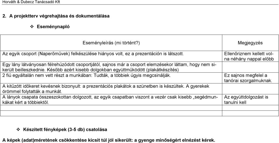 Később azért kisebb dolgokban együttműködött (plakátkészítés) 2 fiú egyáltalán nem vett részt a munkában: Tudták, a többiek úgyis megcsinálják. Ez sajnos megfelel a tanórai szorgalmuknak.