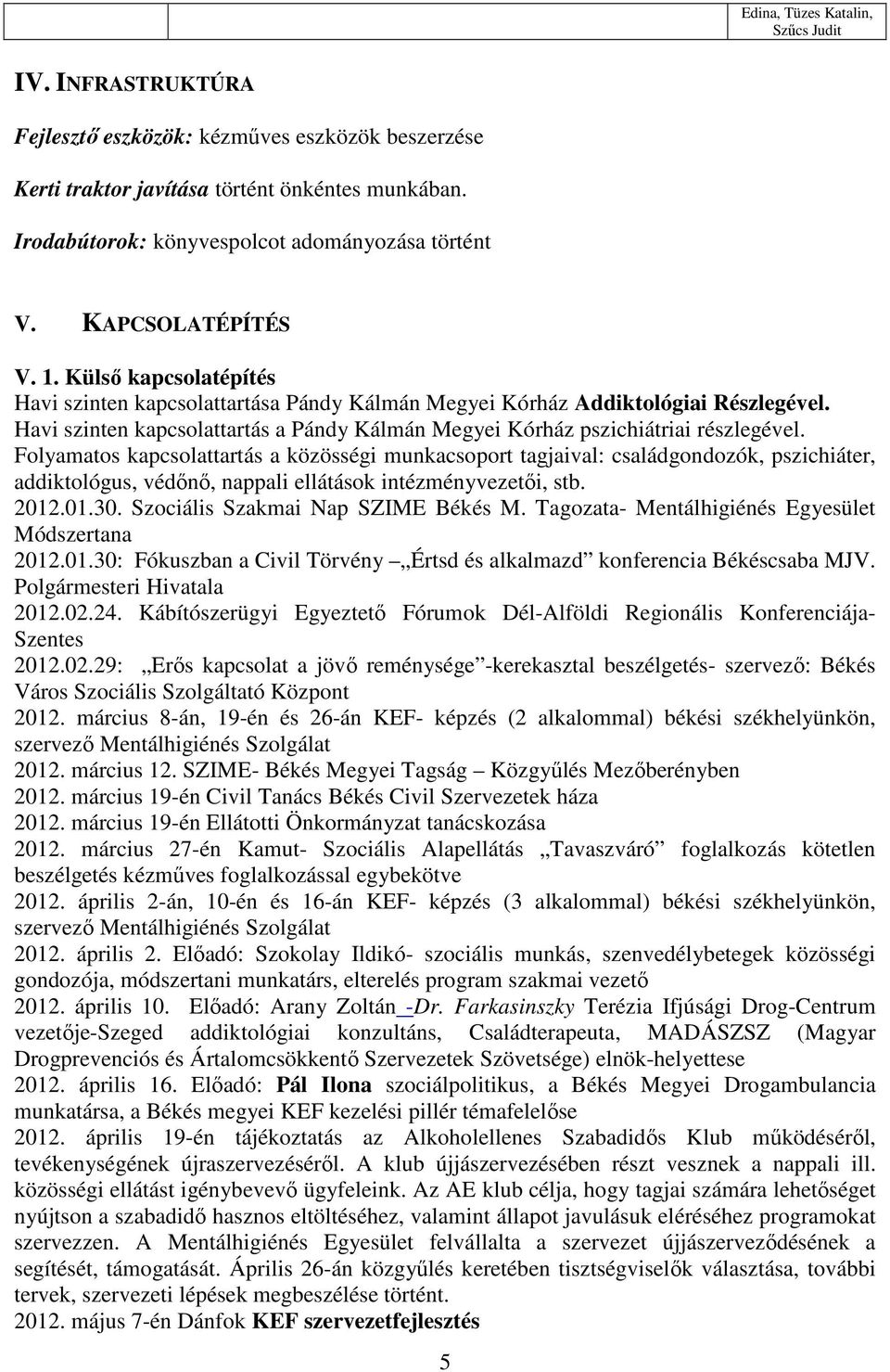 Folyamatos kapcsolattartás a közösségi munkacsoport tagjaival: családgondozók, pszichiáter, addiktológus, védőnő, nappali ellátások intézményvezetői, stb. 2012.01.30.