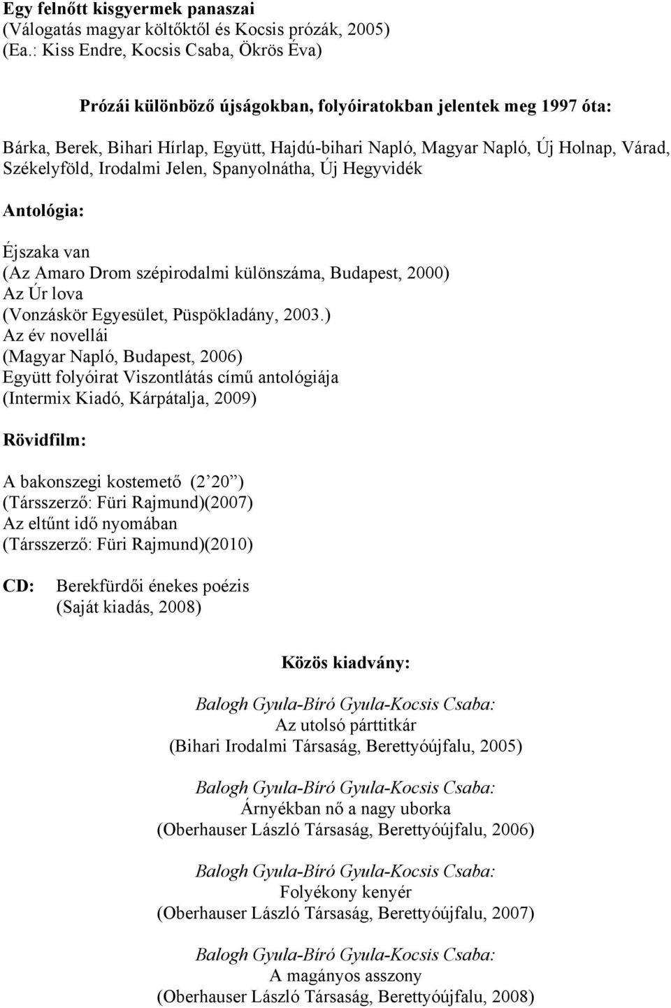 Székelyföld, Irodalmi Jelen, Spanyolnátha, Új Hegyvidék Antológia: Éjszaka van (Az Amaro Drom szépirodalmi különszáma, Budapest, 2000) Az Úr lova (Vonzáskör Egyesület, Püspökladány, 2003.