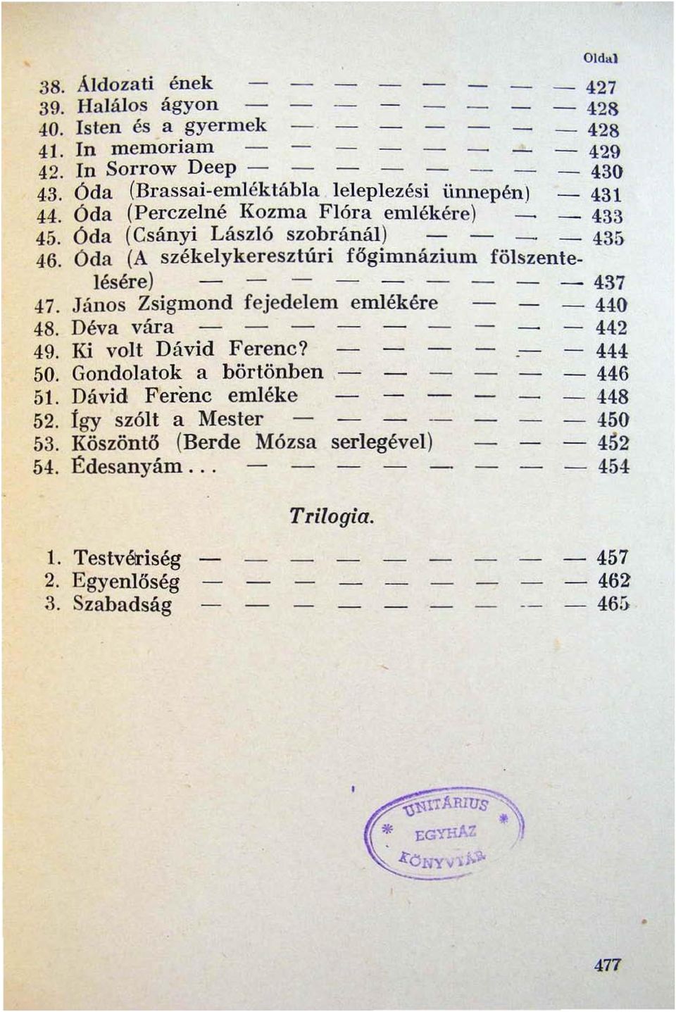 Óda (A székelykeresztúri fögimnázium fölszentelésére) 437 47. János Zsigmond fejedelem emlékére 440 48. Déva vára 442 49. Ki volt Dávid Ferenc? 444 50.