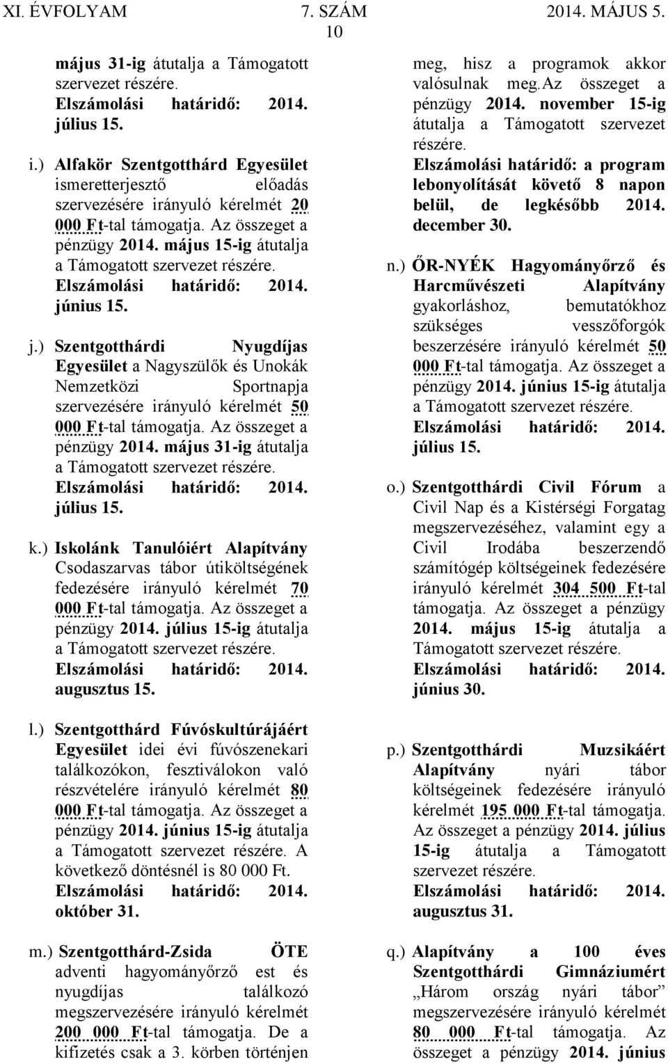 május 31-ig átutalja a Támogatott szervezet részére. július 15. k.) Iskolánk Tanulóiért Alapítvány Csodaszarvas tábor útiköltségének fedezésére irányuló kérelmét 70 pénzügy 2014.