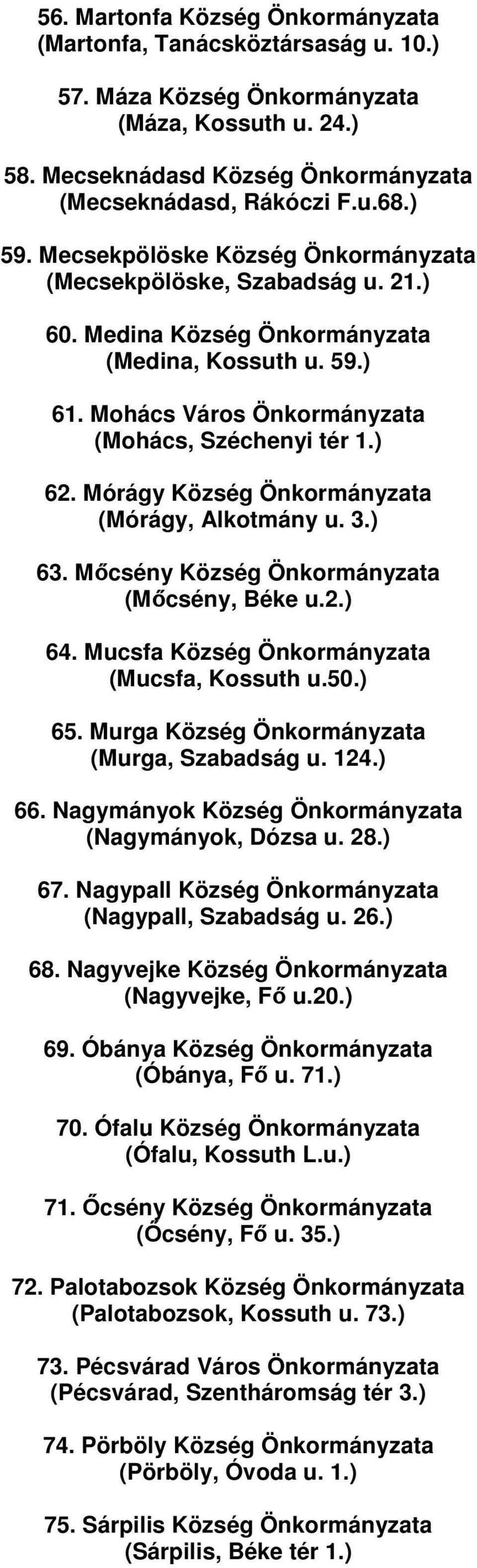 Mórágy Község Önkormányzata (Mórágy, Alkotmány u. 3.) 63. Mıcsény Község Önkormányzata (Mıcsény, Béke u.2.) 64. Mucsfa Község Önkormányzata (Mucsfa, Kossuth u.50.) 65.