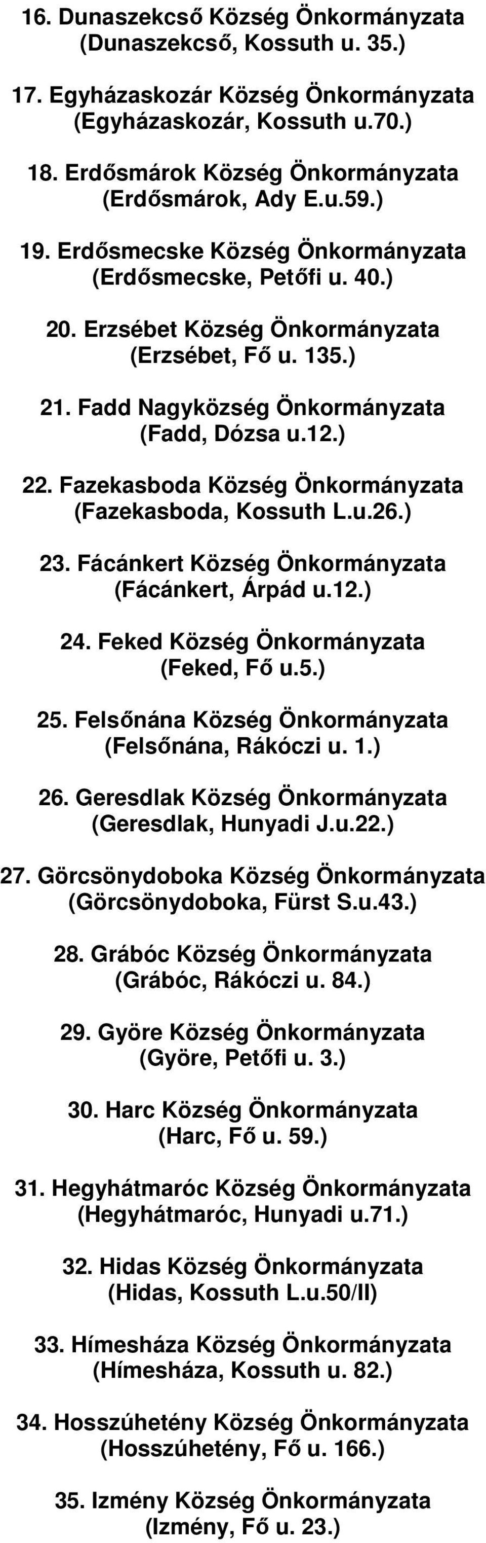 Fazekasboda Község Önkormányzata (Fazekasboda, Kossuth L.u.26.) 23. Fácánkert Község Önkormányzata (Fácánkert, Árpád u.12.) 24. Feked Község Önkormányzata (Feked, Fı u.5.) 25.