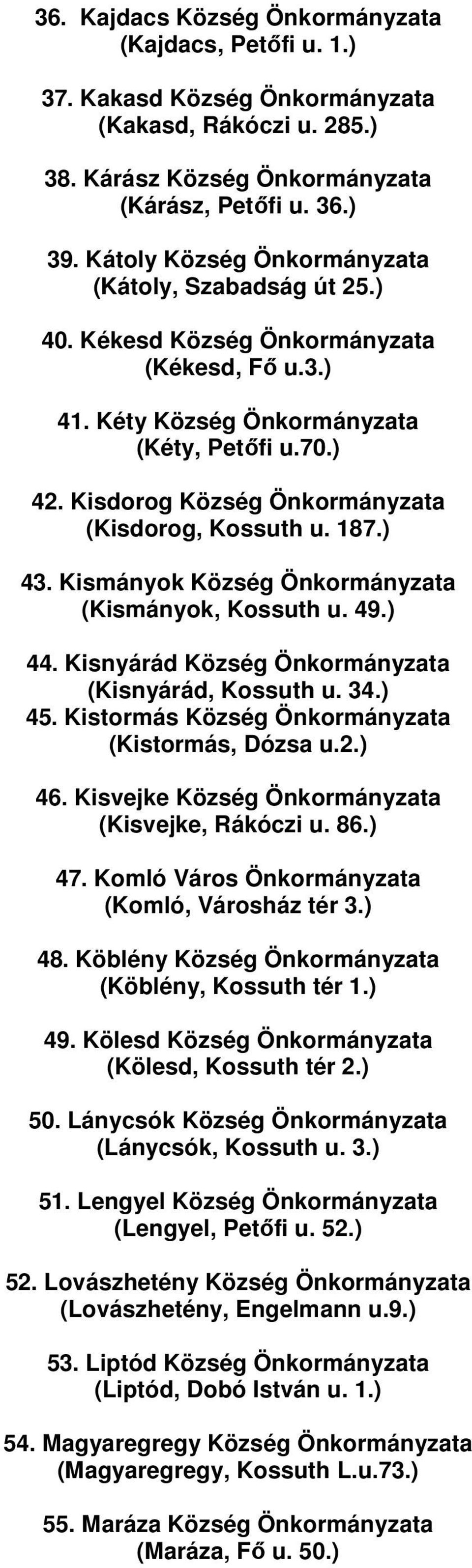 Kisdorog Község Önkormányzata (Kisdorog, Kossuth u. 187.) 43. Kismányok Község Önkormányzata (Kismányok, Kossuth u. 49.) 44. Kisnyárád Község Önkormányzata (Kisnyárád, Kossuth u. 34.) 45.