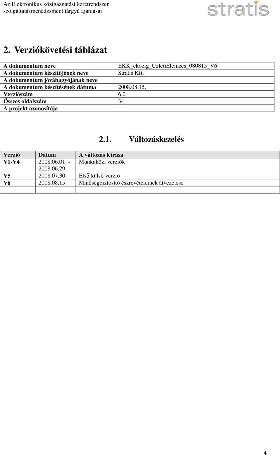 0 Összes oldalszám 34 A projekt azonosítója 2.1. Változáskezelés Verzió Dátum A változás leírása V1-V4 2008.06.01.