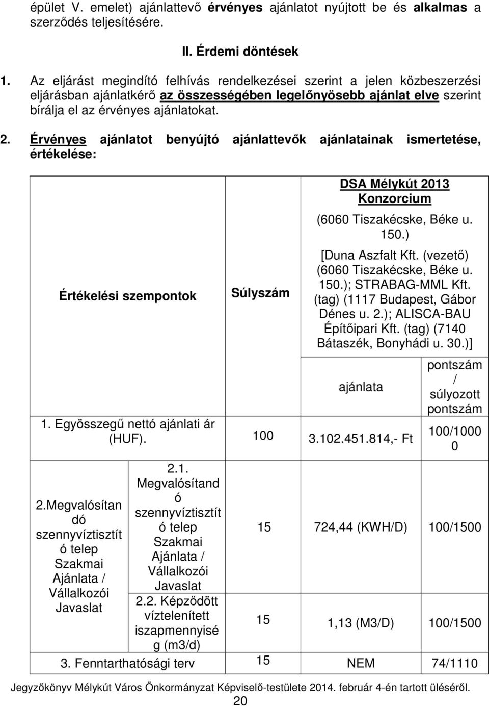 Érvényes ajánlatot benyújtó ajánlattevők ajánlatainak ismertetése, értékelése: Értékelési szempontok Súlyszám DSA Mélykút 2013 Konzorcium (6060 Tiszakécske, Béke u. 150.) [Duna Aszfalt Kft.