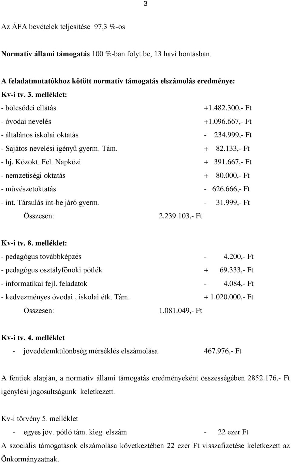 Napközi + 391.667,- Ft - nemzetiségi oktatás + 80.000,- Ft - művészetoktatás - 626.666,- Ft - int. Társulás int-be járó gyerm. - 31.999,- Ft Összesen: 2.239.103,- Ft Kv-i tv. 8. melléklet: - pedagógus továbbképzés - 4.