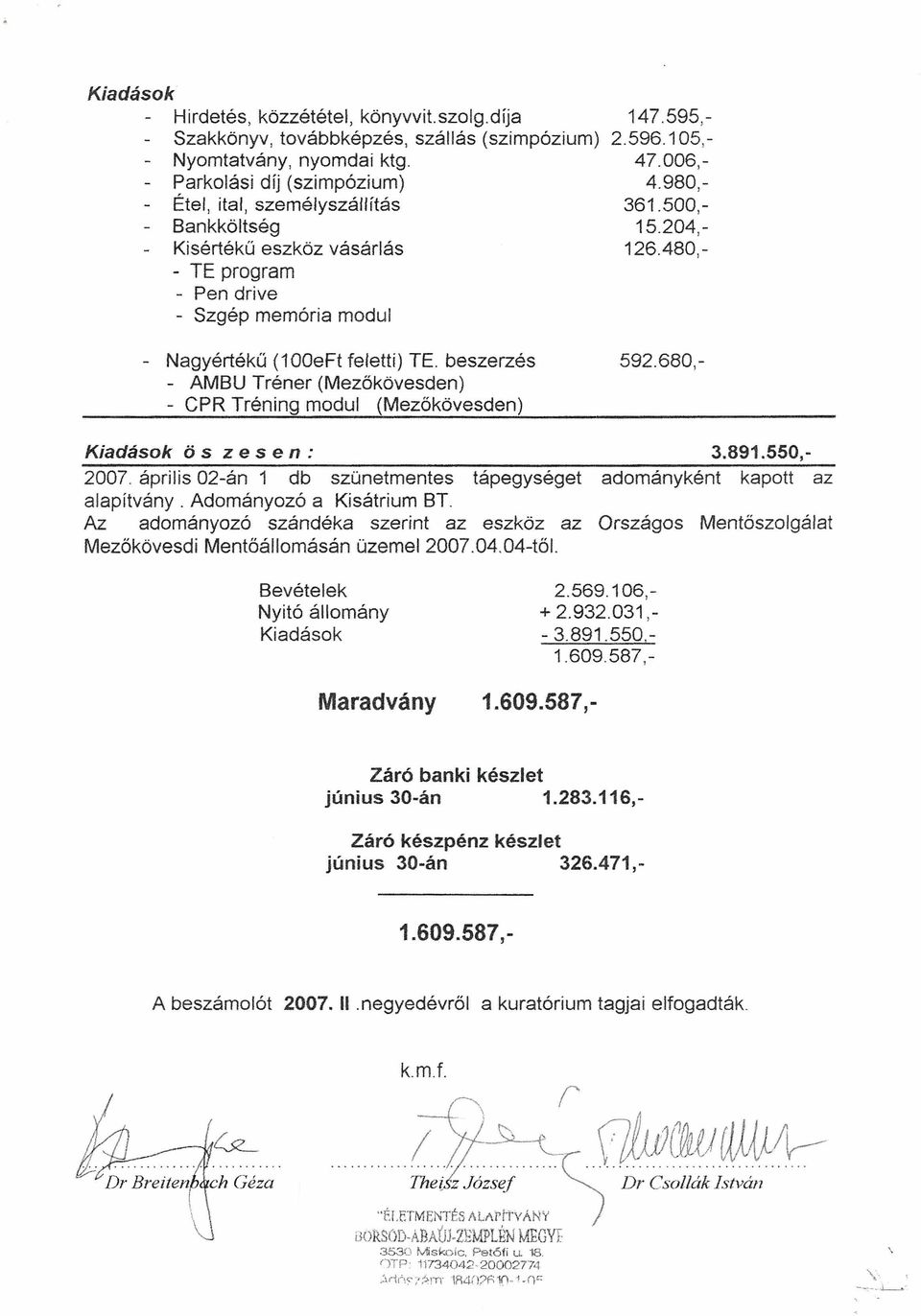 beszerzés - AMBU Tréner (Mezőkövesden) - epr Tréning modul (Mezőkövesden) Kiadások ö sze sen : 3.891.550, 2007. április 02-án 1 db szünetmentes tápegységet adományként kapott az alapítvány.