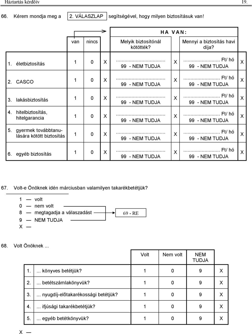 hitelbiztosítás, hitelgarancia 1 0 X... 99 - NEM TUDJA X... Ft/ hó 99 - NEM TUDJA X 5. gyermek továbbtanulására kötött biztosítás 1 0 X... 99 - NEM TUDJA X... Ft/ hó 99 - NEM TUDJA X 6.