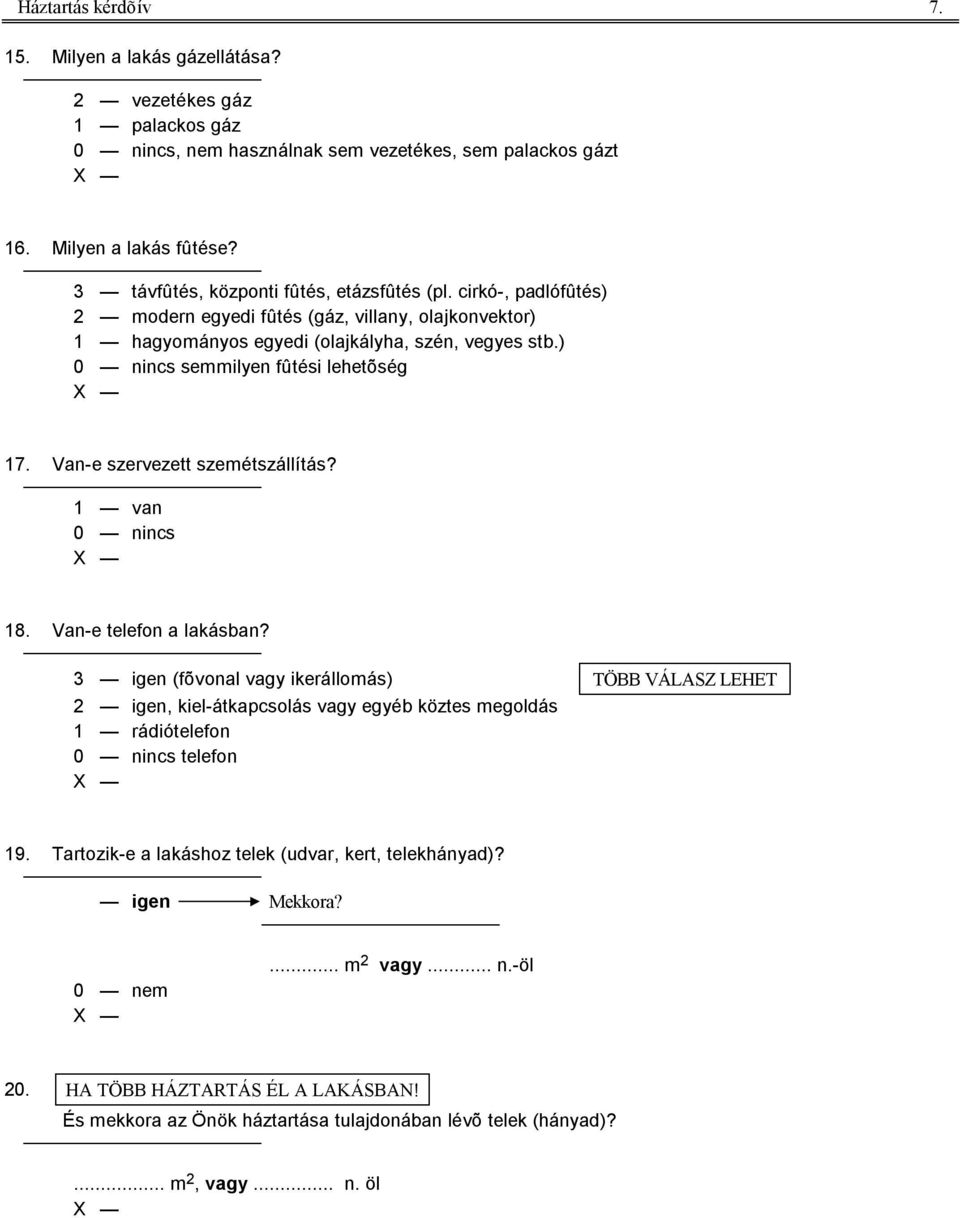 ) 0 nincs semmilyen fûtési lehetõség 17. Van-e szervezett szemétszállítás? 1 van 0 nincs 18. Van-e telefon a lakásban?