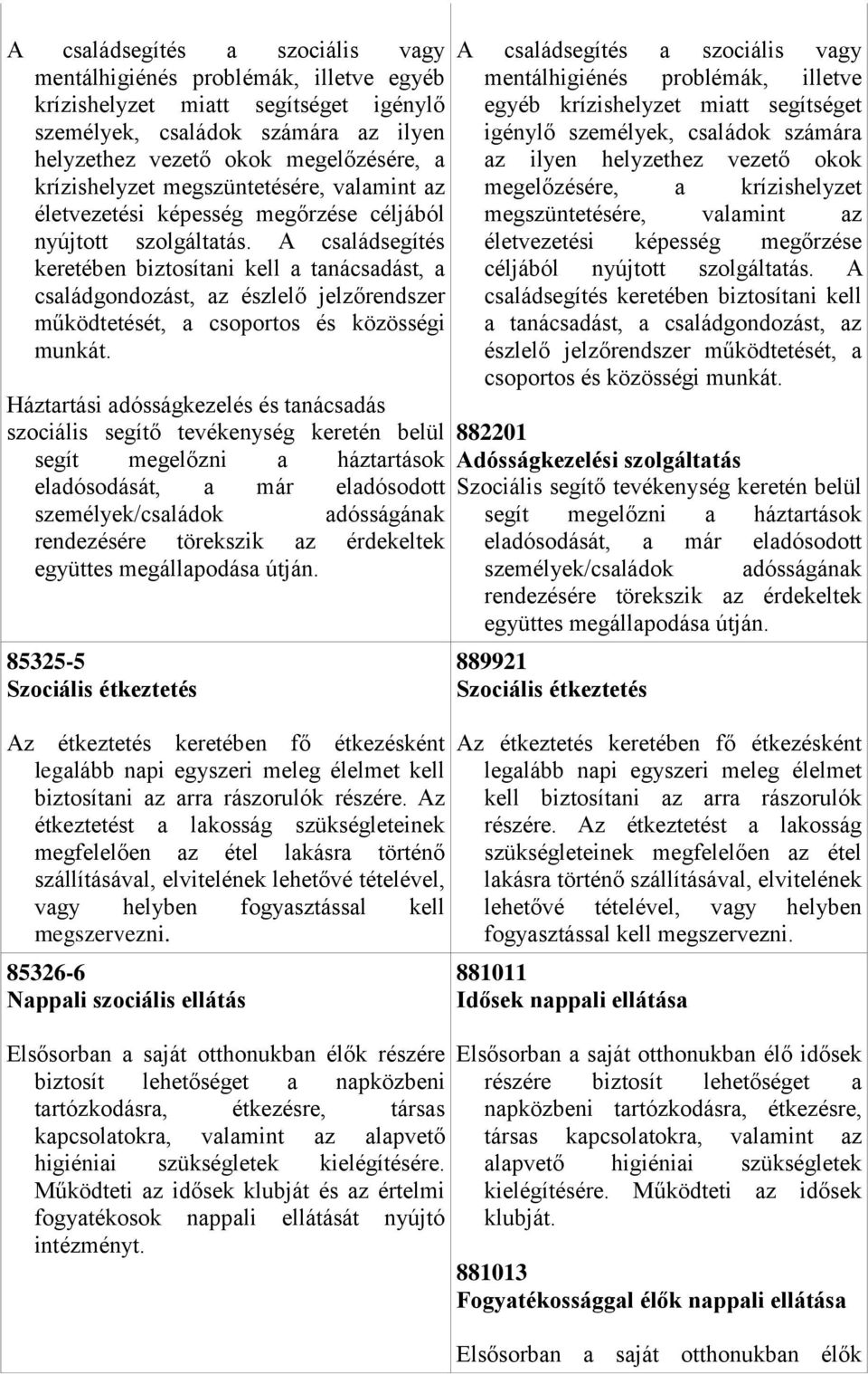 A családsegítés keretében biztosítani kell a tanácsadást, a családgondozást, az észlelő jelzőrendszer működtetését, a csoportos és közösségi munkát.