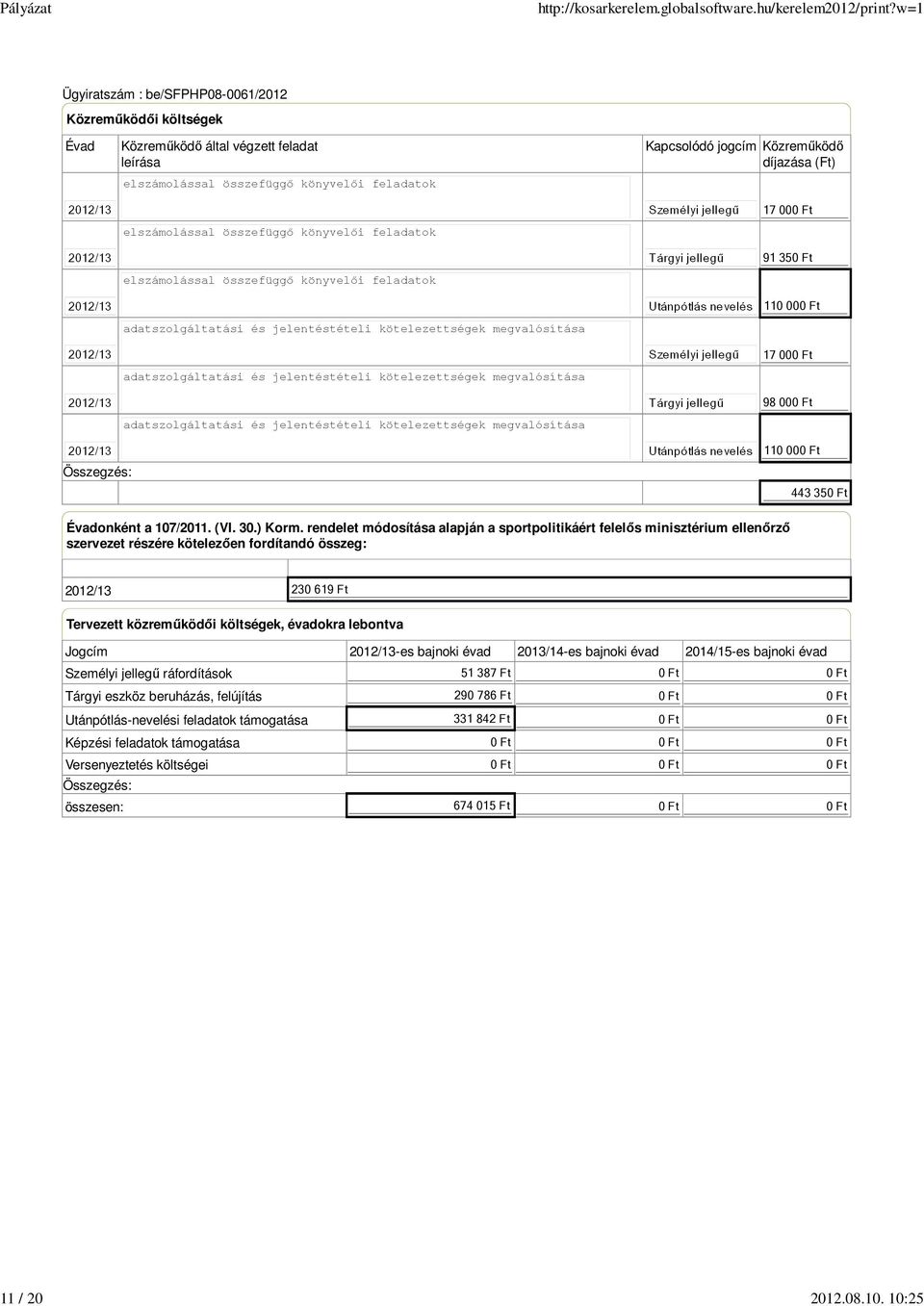 Évadonként a 107/2011. (VI. 30.) Korm.