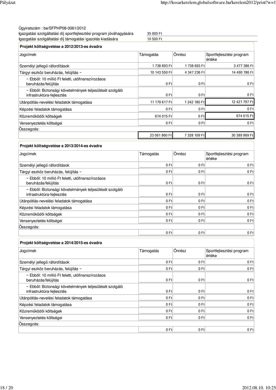 Jogcímek Támogatás Önrész Sportfejlesztési program értéke Személyi jellegű ráfordítások Tárgyi eszköz beruházás, felújítás ~ ~ Ebből: 10 millió Ft feletti, utófinanszírozásos beruházás/felújítás ~