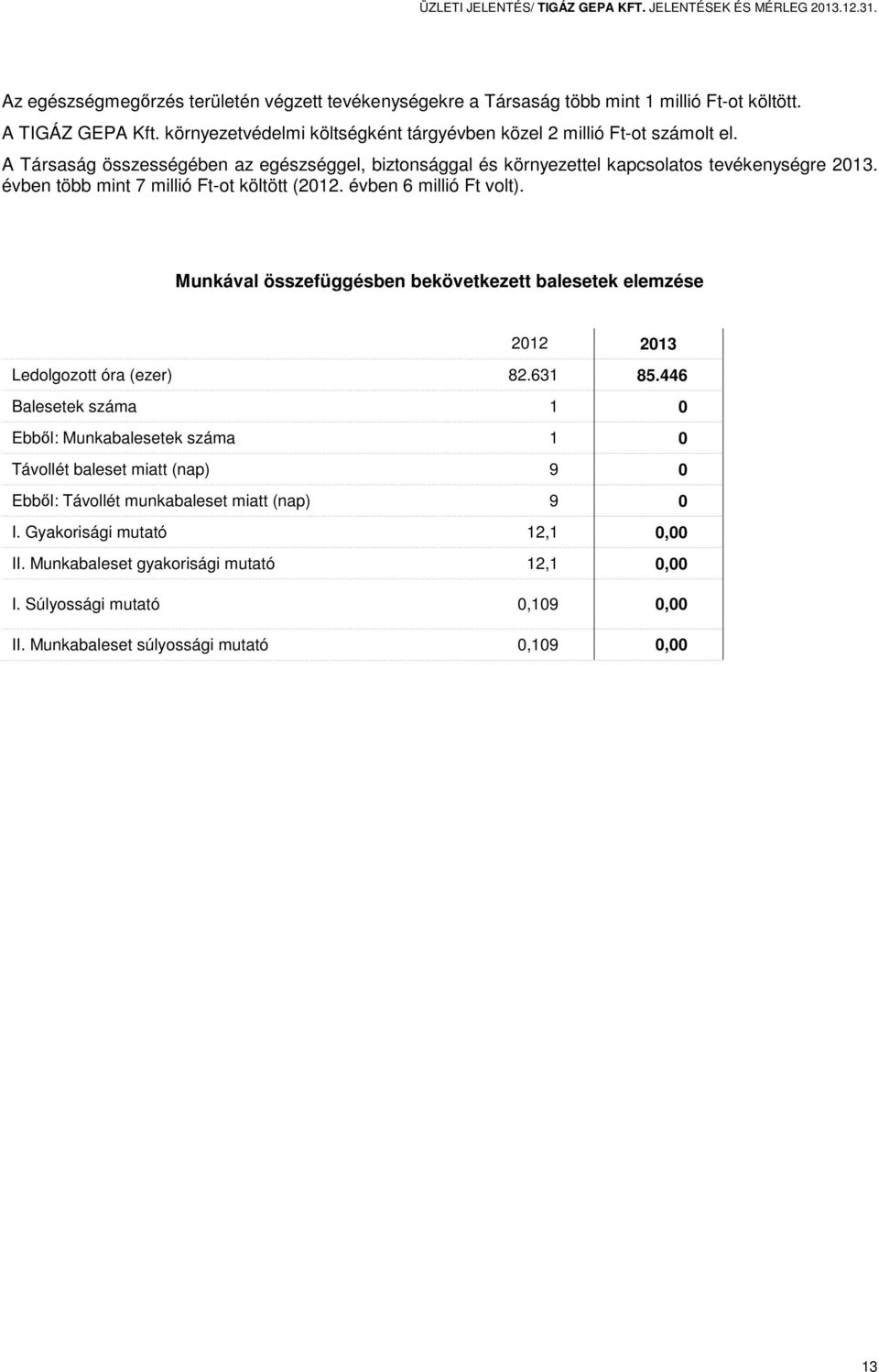 évben több mint 7 millió Ft-ot költött (2012. évben 6 millió Ft volt). Munkával összefüggésben bekövetkezett balesetek elemzése 2012 2013 Ledolgozott óra (ezer) 82.631 85.