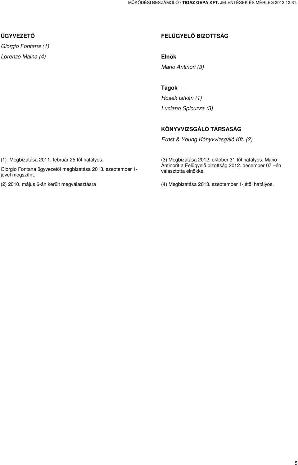 TÁRSASÁG Ernst & Young Könyvvizsgáló Kft. (2) (1) Megbízatása 2011. február 25-től hatályos. Giorgio Fontana ügyvezetői megbízatása 2013.