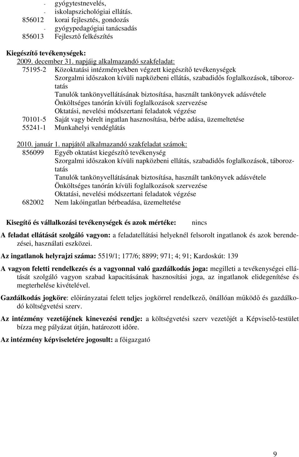 tankönyvellátásának biztosítása, használt tankönyvek adásvétele Önköltséges tanórán kívüli foglalkozások szervezése Oktatási, nevelési módszertani feladatok végzése 70101-5 Saját vagy bérelt ingatlan