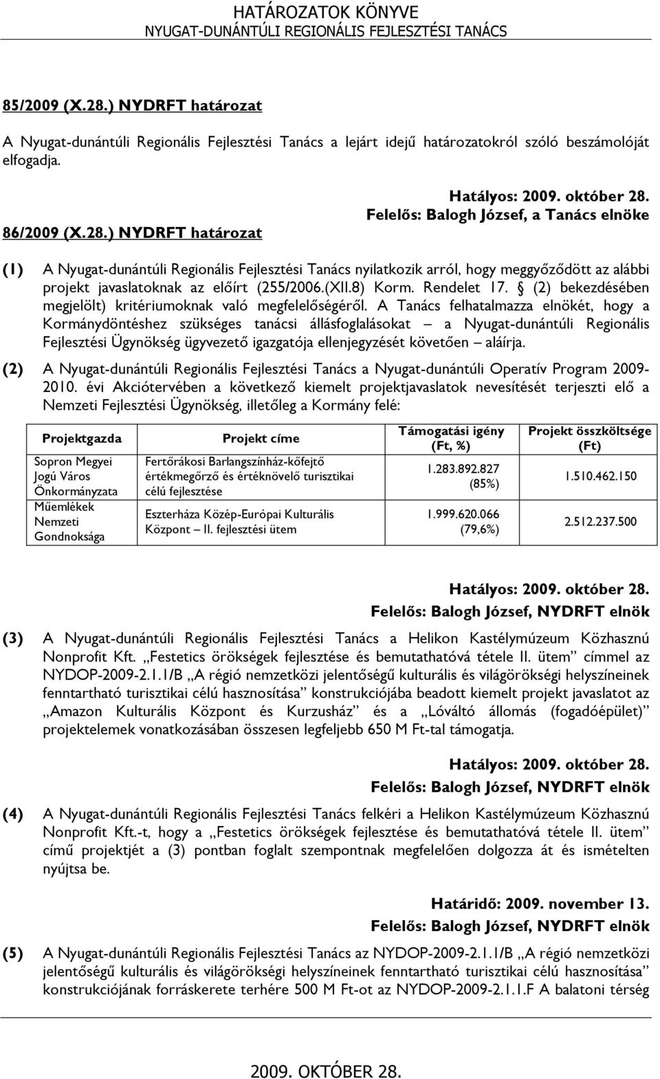 ) NYDRFT határozat Felelős: Balogh József, a Tanács elnöke (1) A Nyugat-dunántúli Regionális Fejlesztési Tanács nyilatkozik arról, hogy meggyőződött az alábbi projekt javaslatoknak az előírt