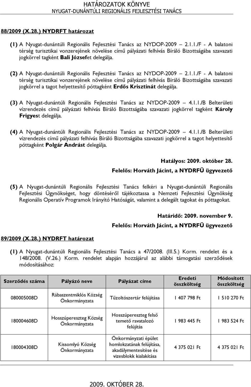 1./F - A balatoni térség turisztikai vonzerejének növelése című pályázati felhívás Bíráló Bizottságába szavazati jogkörrel a tagot helyettesítő póttagként Erdős Krisztinát delegálja.