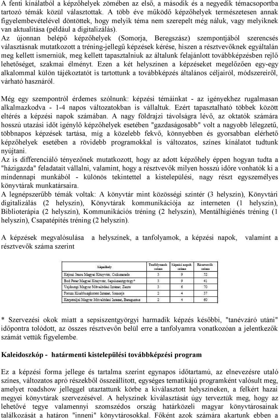 Az újonnan belépő képzőhelyek (Somorja, Beregszász) szempontjából szerencsés választásnak mutatkozott a tréning-jellegű képzések kérése, hiszen a résztvevőknek egyáltalán meg kellett ismerniük, meg