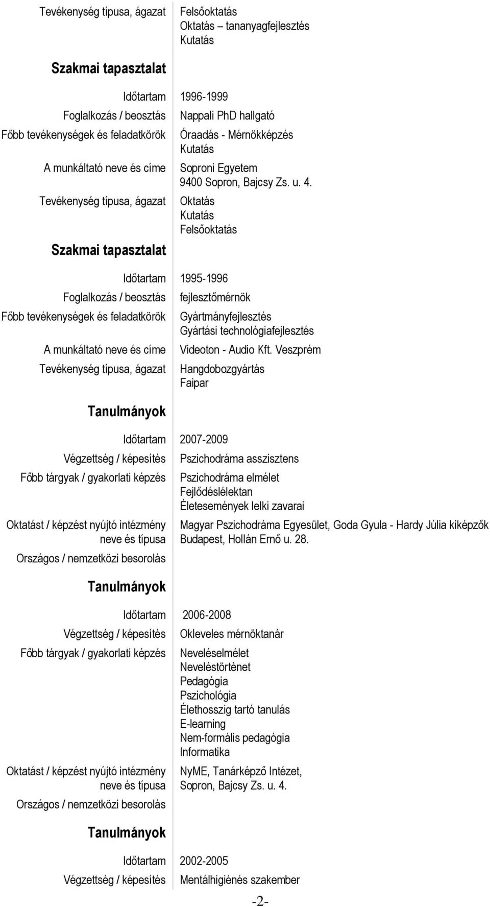 Veszprém Hangdobozgyártás Faipar 2007-2009 Főbb tárgyak / gyakorlati képzés 2006-2008 2002-2005 Pszichodráma asszisztens Pszichodráma elmélet Fejlődéslélektan Életesemények lelki zavarai Magyar