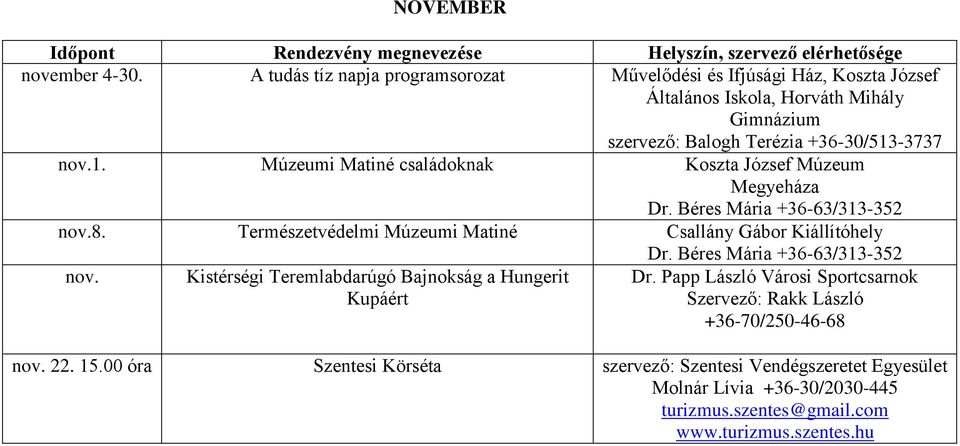 +36-30/513-3737 nov.1. Múzeumi Matiné családoknak nov.8. Természetvédelmi Múzeumi Matiné Csallány Gábor Kiállítóhely nov.