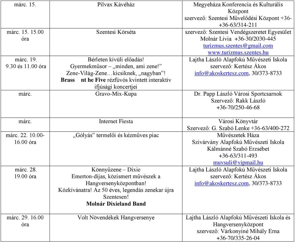 Brass nt he Five rézfúvós kvintett interaktív szervező: Szentesi Vendégszeretet Egyesület Molnár Lívia +36-30/2030-445 turizmus.szentes@