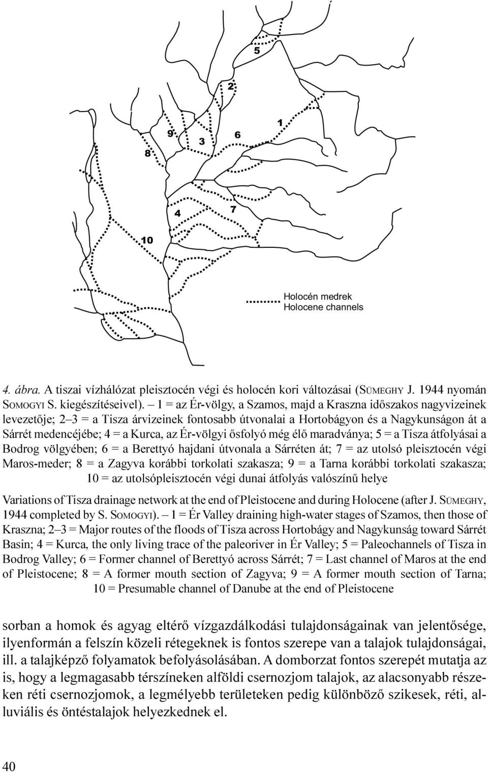 maradványa; 5 = a Tisza átfolyásai a Bodrog völgyében; 6 = a Berettyó hajdani útvonala a Sárréten át; 7 = az utolsó pleisztocén végi Maros-meder; 8 = a Zagyva korábbi torkolati szakasza; 9 = a Tarna