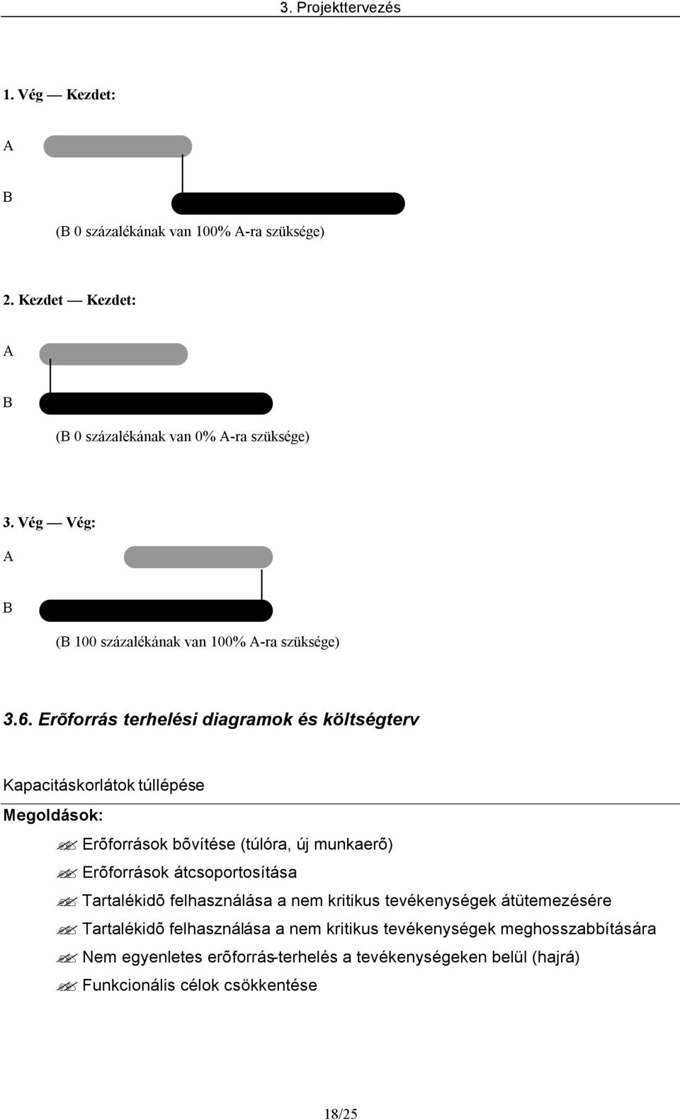 Erõforrás terhelési diagramok és költségterv Kapacitáskorlátok túllépése Megoldások: Erõforrások bõvítése (túlóra, új munkaerõ) Erõforrások