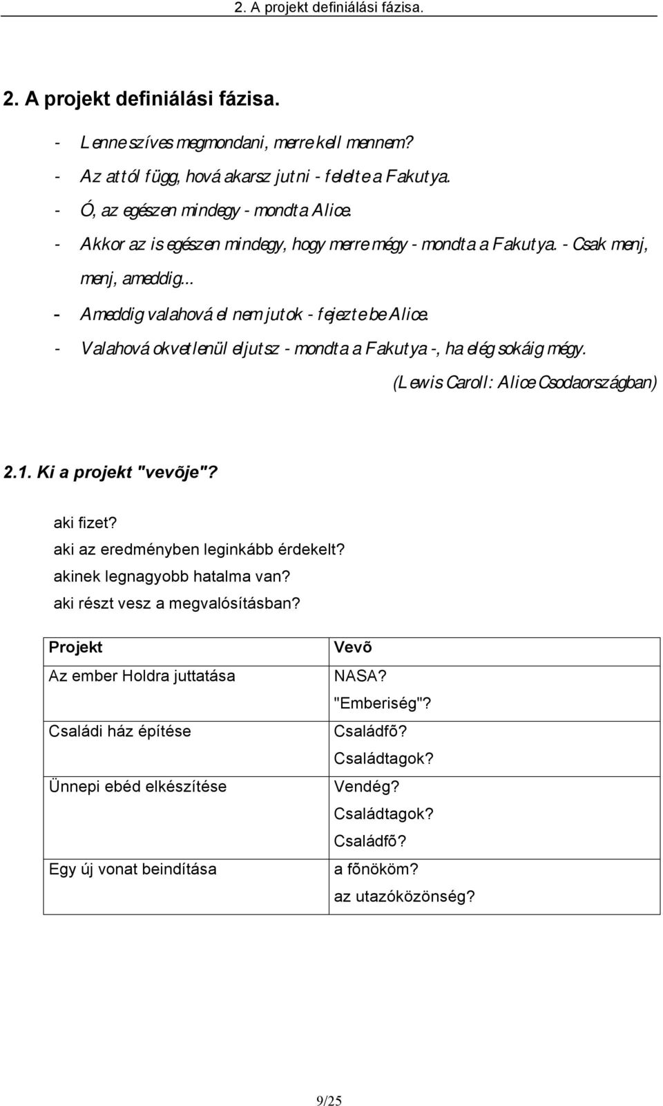 - Valahová okvetlenül eljutsz - mondta a Fakutya -, ha elég sokáig mégy. (Lewis Caroll: Alice Csodaországban) 2.1. Ki a projekt "vevõje"? aki fizet? aki az eredményben leginkább érdekelt?