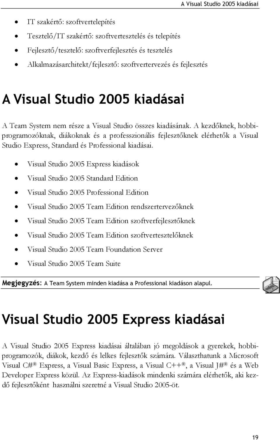A kezdőknek, hobbiprogramozóknak, diákoknak és a professzionális fejlesztőknek elérhetők a Visual Studio Express, Standard és Professional kiadásai.