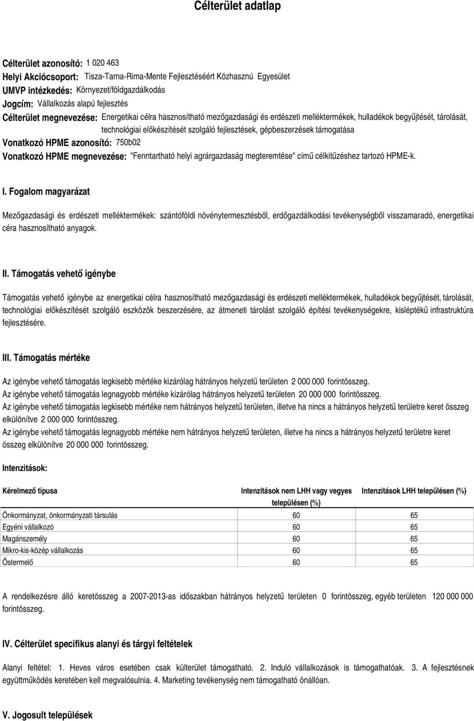 gépbeszerzések támogatása Vonatkozó HPME azonosító: 750b02 Vonatkozó HPME megnevezése: "Fenntartható helyi agrárgazdaság megteremtése" című célkitűzéshez tartozó HPME-k. I.