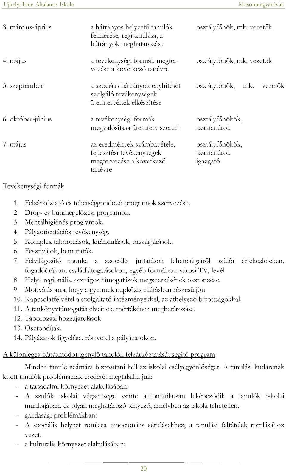 október-június a tevékenységi formák osztályfőnökök, megvalósítása ütemterv szerint szaktanárok 7.