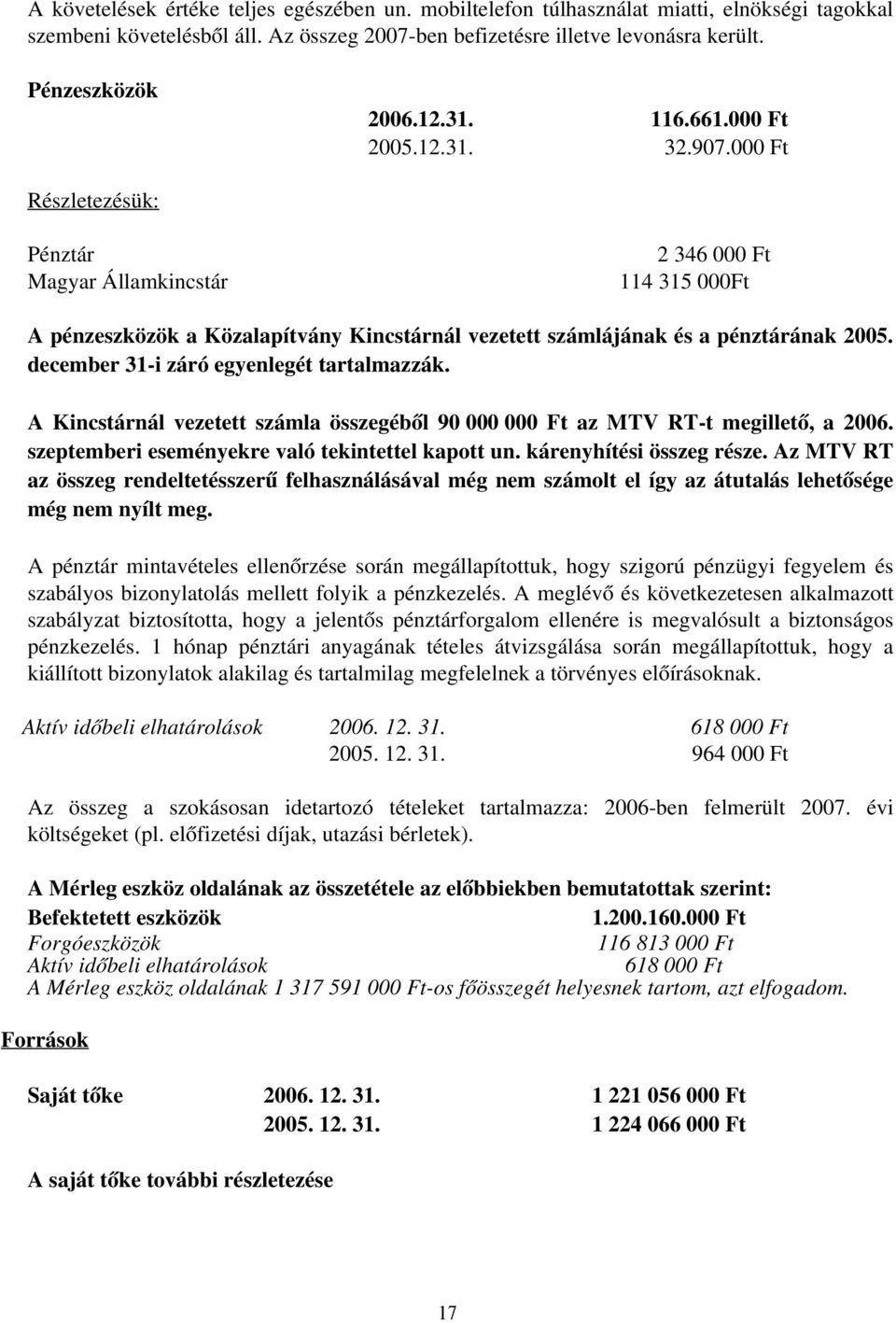 000 Ft Részletezésük: Pénztár 2 346 000 Ft Magyar Államkincstár 114 315 000Ft A pénzeszközök a Közalapítvány Kincstárnál vezetett számlájának és a pénztárának 2005.