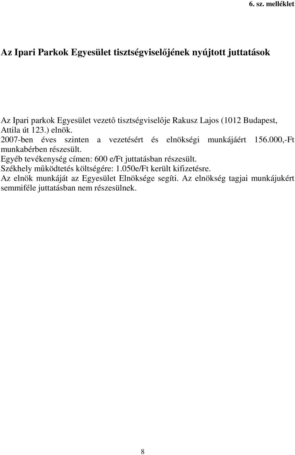 Rakusz Lajos (1012 Budapest, Attila út 123.) elnök. 2007-ben éves szinten a vezetésért és elnökségi munkájáért 156.