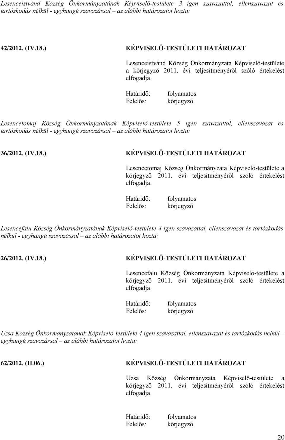 Lesencetomaj Község Önkormányzatának Képviselő-testülete 5 igen szavazattal, ellenszavazat és 36/2012. (IV.18.