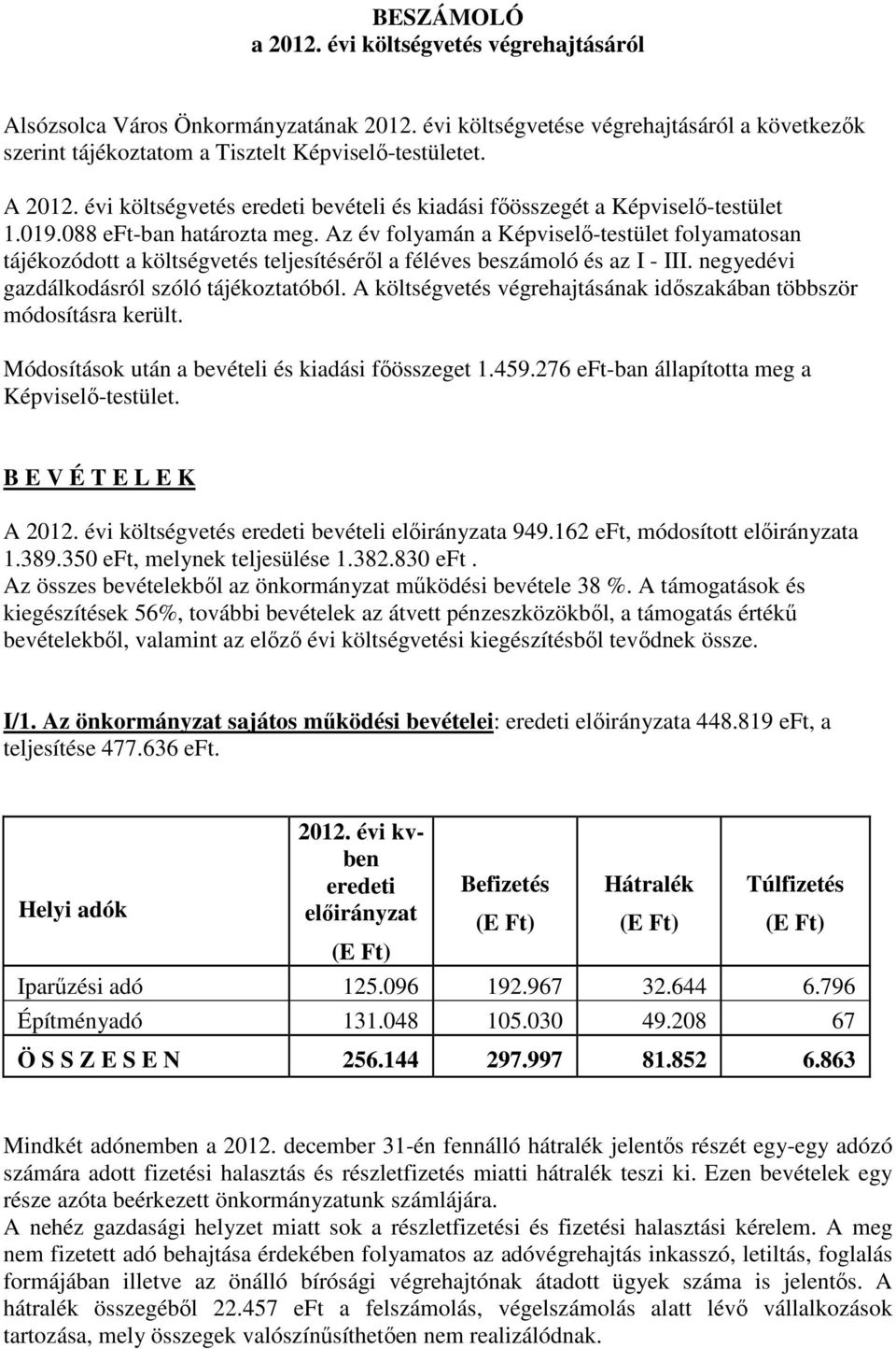 Az év folyamán a Képviselő-testület folyamatosan tájékozódott a költségvetés teljesítéséről a féléves beszámoló és az I - III. negyedévi gazdálkodásról szóló tájékoztatóból.