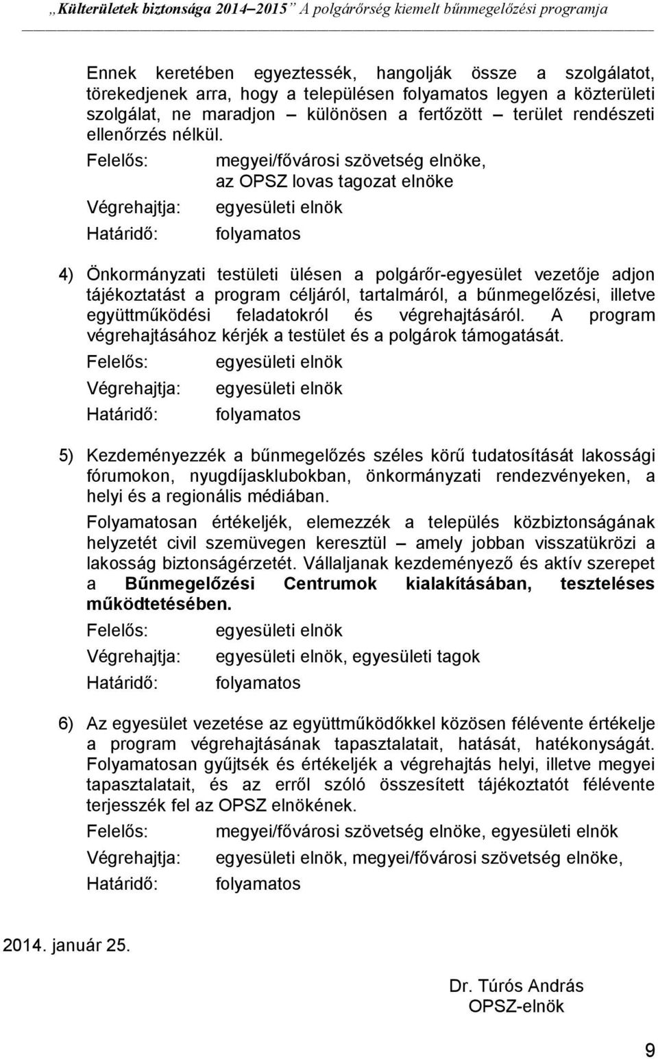 megyei/fővársi szövetség elnöke, az OPSZ lvas tagzat elnöke flyamats 4) Önkrmányzati testületi ülésen a plgárőr-egyesület vezetője adjn tájékztatást a prgram céljáról, tartalmáról, a bűnmegelőzési,