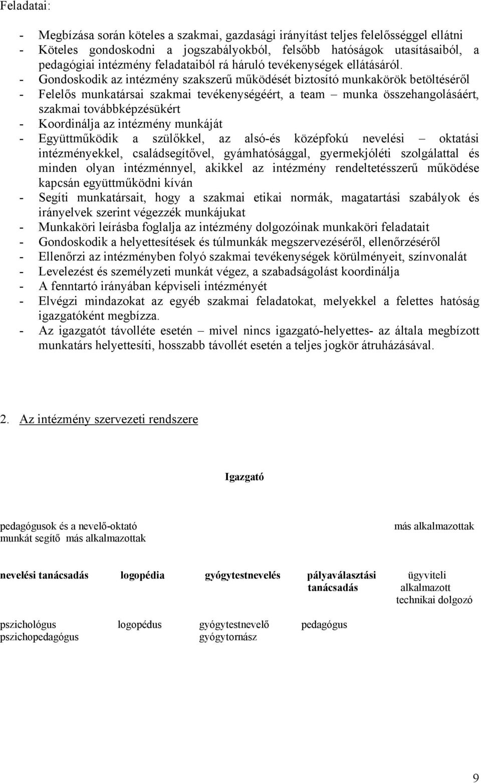 - Gondoskodik az intézmény szakszerű működését biztosító munkakörök betöltéséről - Felelős munkatársai szakmai tevékenységéért, a team munka összehangolásáért, szakmai továbbképzésükért - Koordinálja